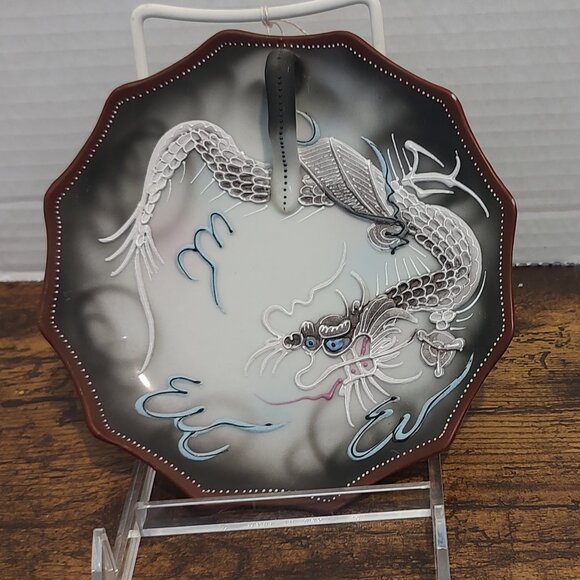 Shimizu Rokunosuko DragonWare Other - Moriage Embossed Blue Eyed Dragon Handled Nappy Plate RS Japan Porcelain Vintage